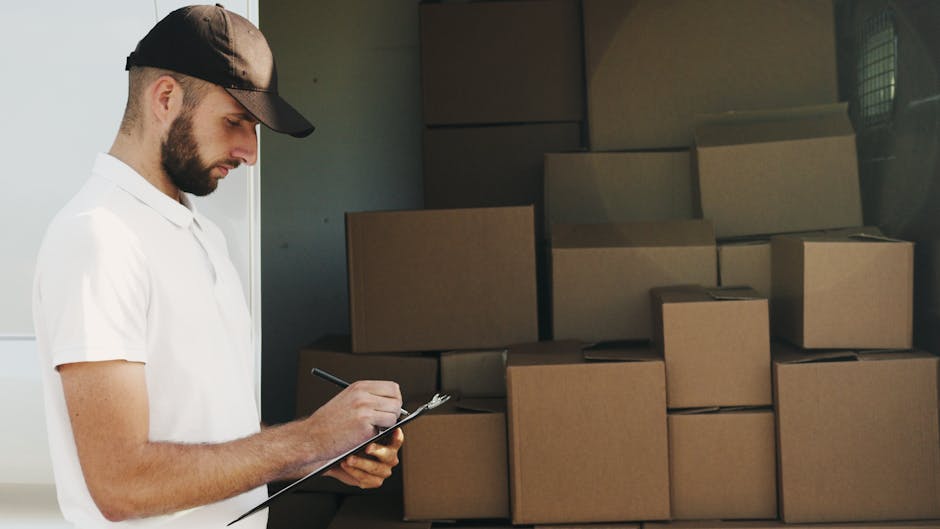 A man wearing a blue and white striped shirt and blue overalls is seated on the edge of a white delivery van with the side door open, surrounded by stacked cardboard moving boxes. He is holding a clipboard or checklist and appears to be reviewing or preparing documents related to the home relocation process. The boxes, some open and some sealed, are positioned both inside the van and on the ground nearby, indicating an active packing and loading phase of a furniture transport or house removal. The scene takes place outdoors, with the van situated on a paved area near a concrete bollard, suggesting the vehicle is being used for local moving services. The environment is well-lit, with natural daylight highlighting the packing materials and the man's focused posture, reflecting professional removal or moving logistics that Man and Van Kingsbury might handle during a house removal.